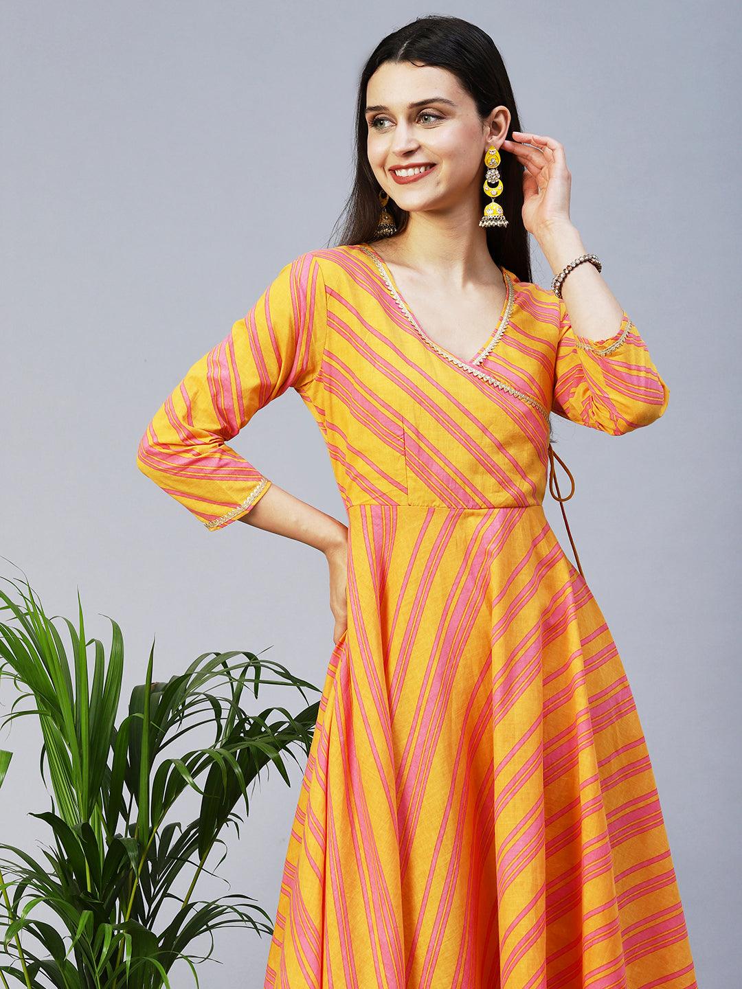 Lehriya Printed Angarakha Style Dress - Mustard - Indiakreations