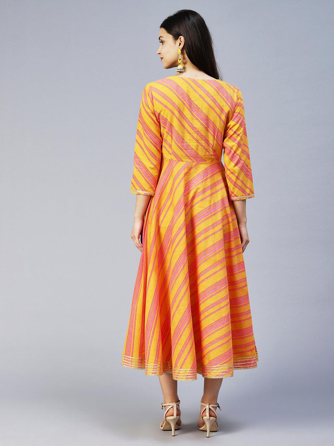 Lehriya Printed Angarakha Style Dress - Mustard - Indiakreations