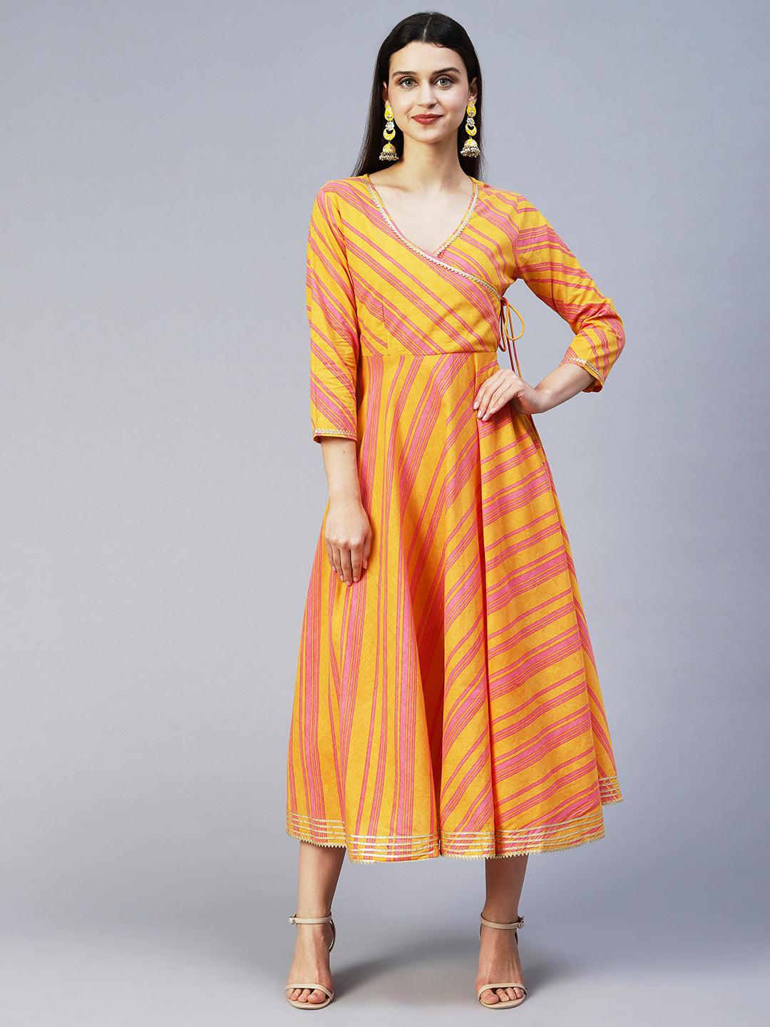 Lehriya Printed Angarakha Style Dress - Mustard - Indiakreations