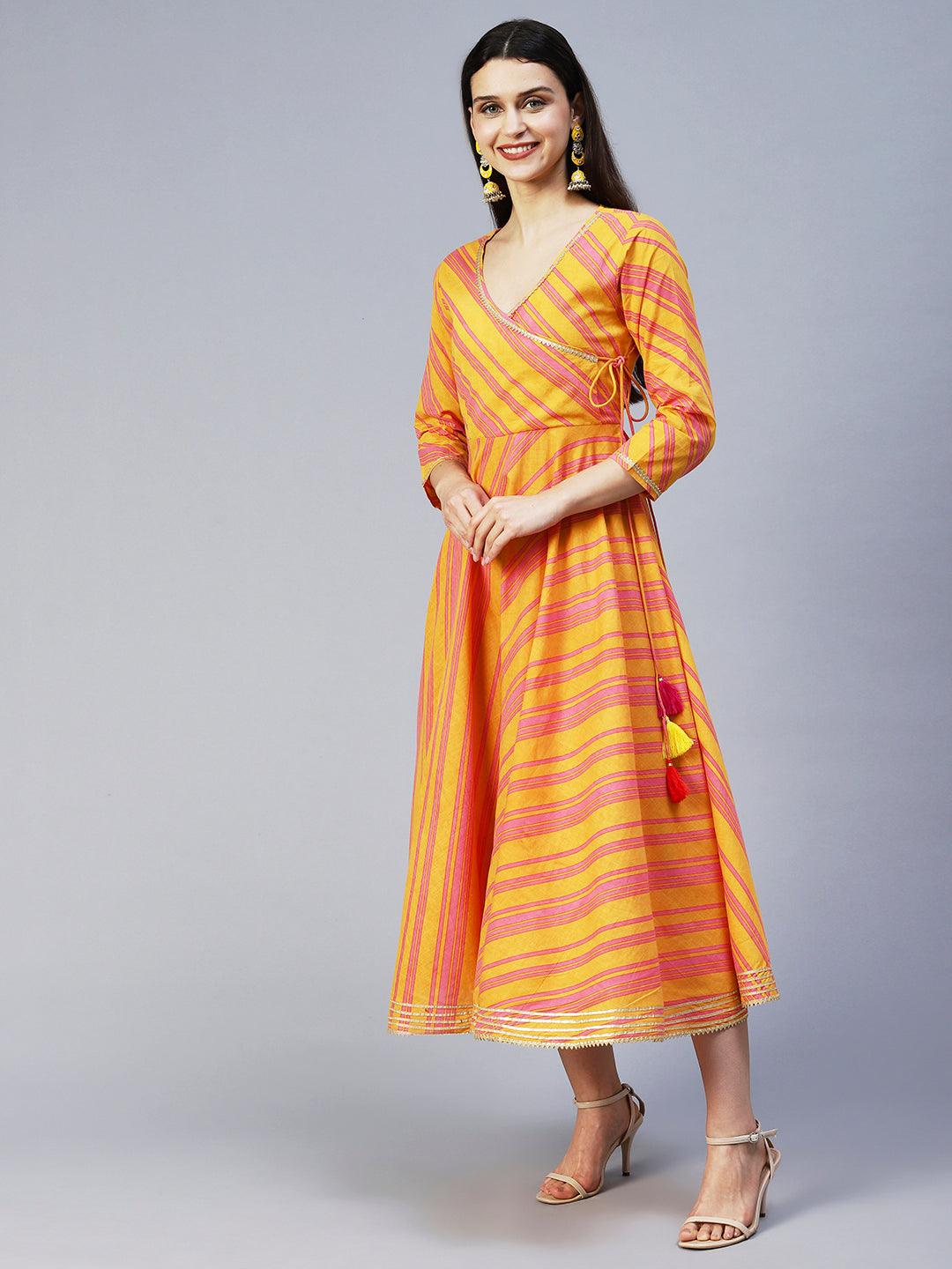 Lehriya Printed Angarakha Style Dress - Mustard - Indiakreations