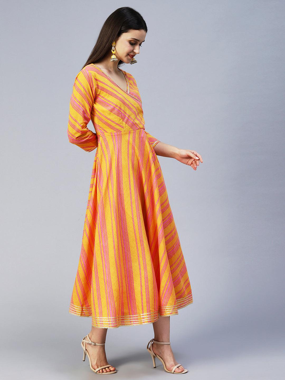 Lehriya Printed Angarakha Style Dress - Mustard - Indiakreations