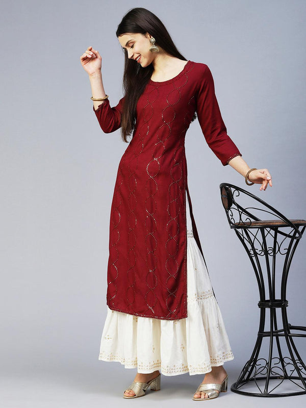 Ethnic Embroidered Straight Fit Kurta - Maroon - Indiakreations