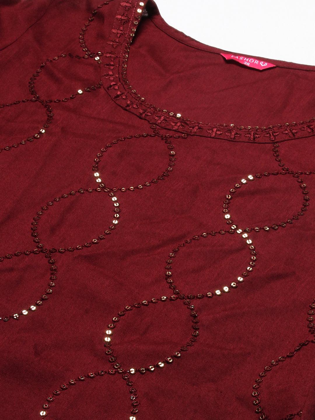 Ethnic Embroidered Straight Fit Kurta - Maroon - Indiakreations