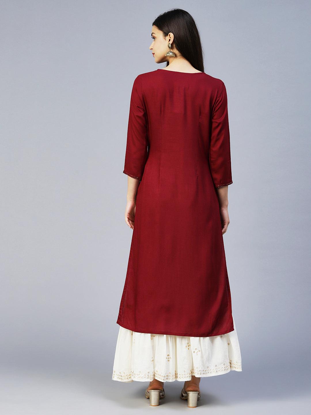 Ethnic Embroidered Straight Fit Kurta - Maroon - Indiakreations