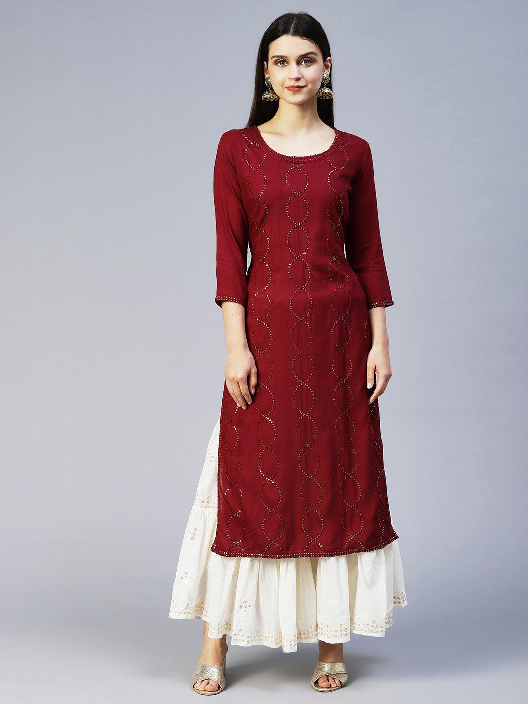 Ethnic Embroidered Straight Fit Kurta - Maroon - Indiakreations