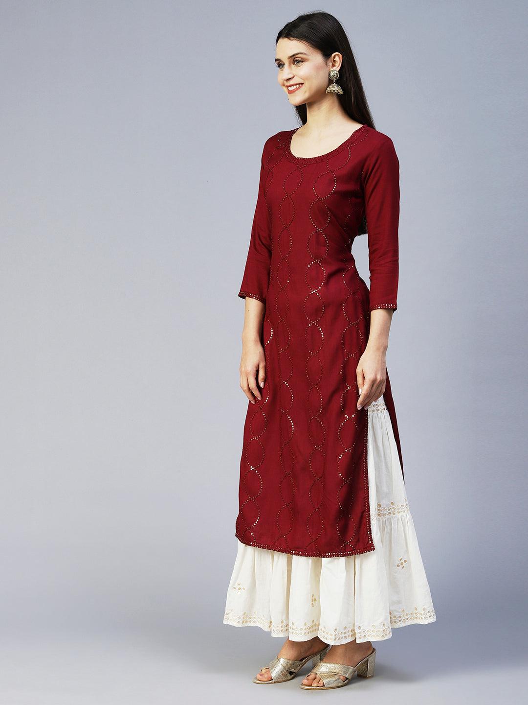 Ethnic Embroidered Straight Fit Kurta - Maroon - Indiakreations