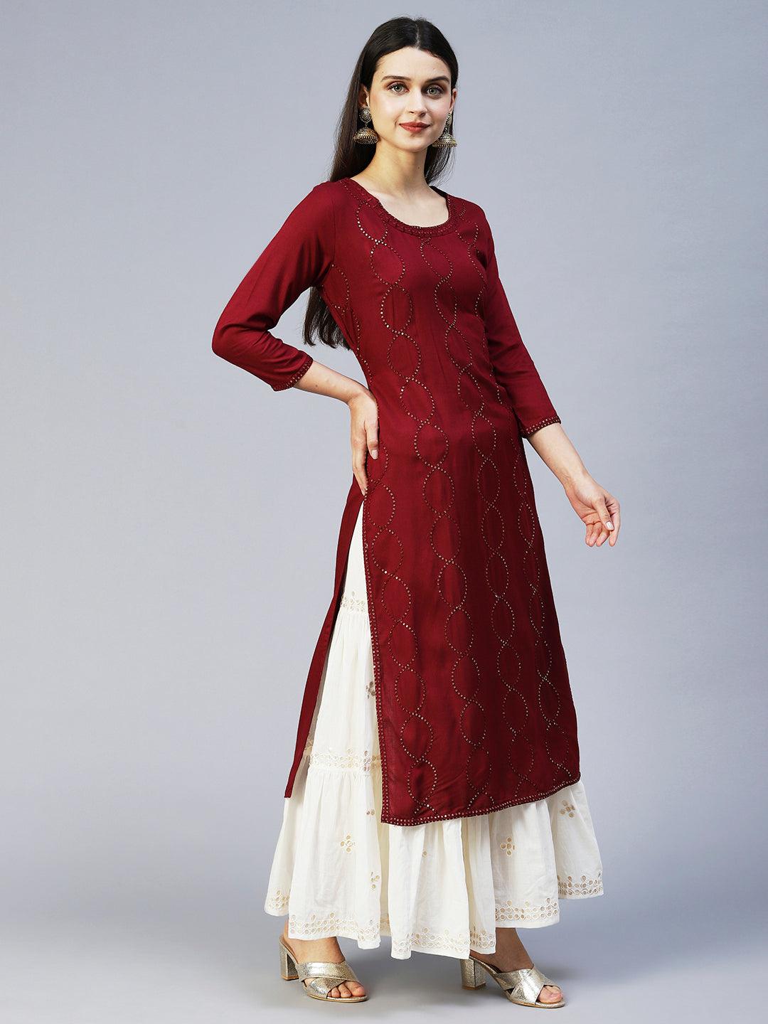 Ethnic Embroidered Straight Fit Kurta - Maroon - Indiakreations