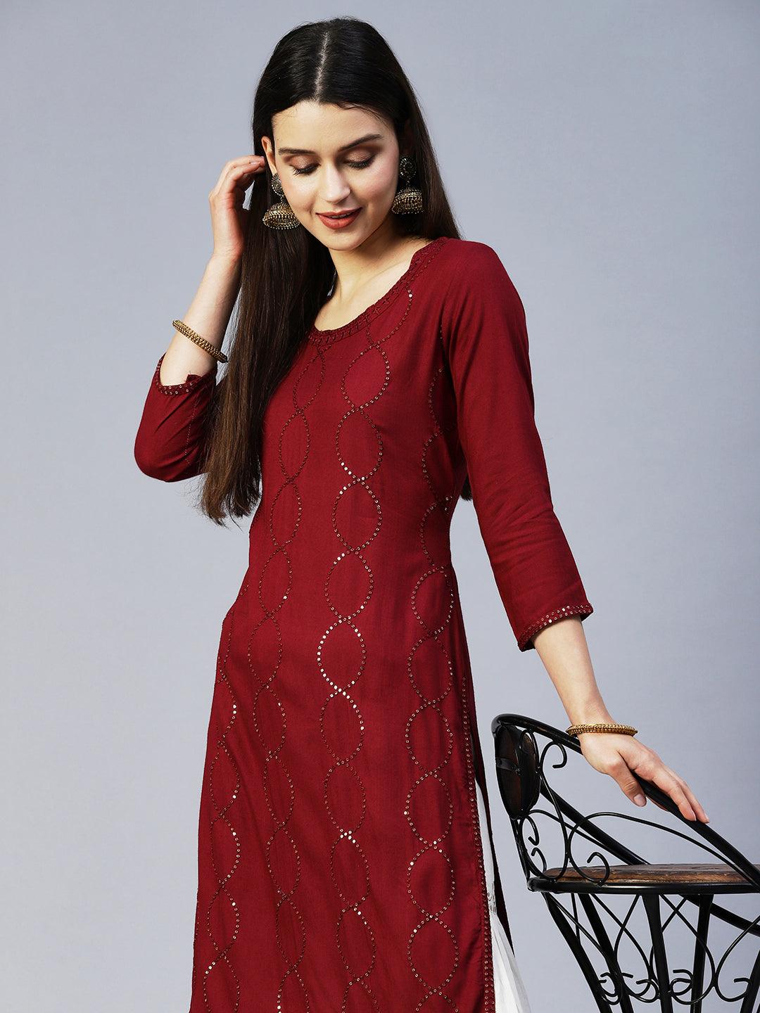 Ethnic Embroidered Straight Fit Kurta - Maroon - Indiakreations