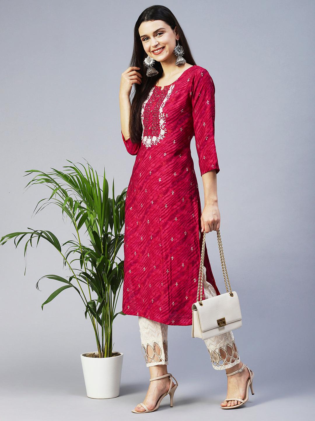 Leheriya Printed & Embroidered Straight Fit Kurta - Magenta Pink - Indiakreations