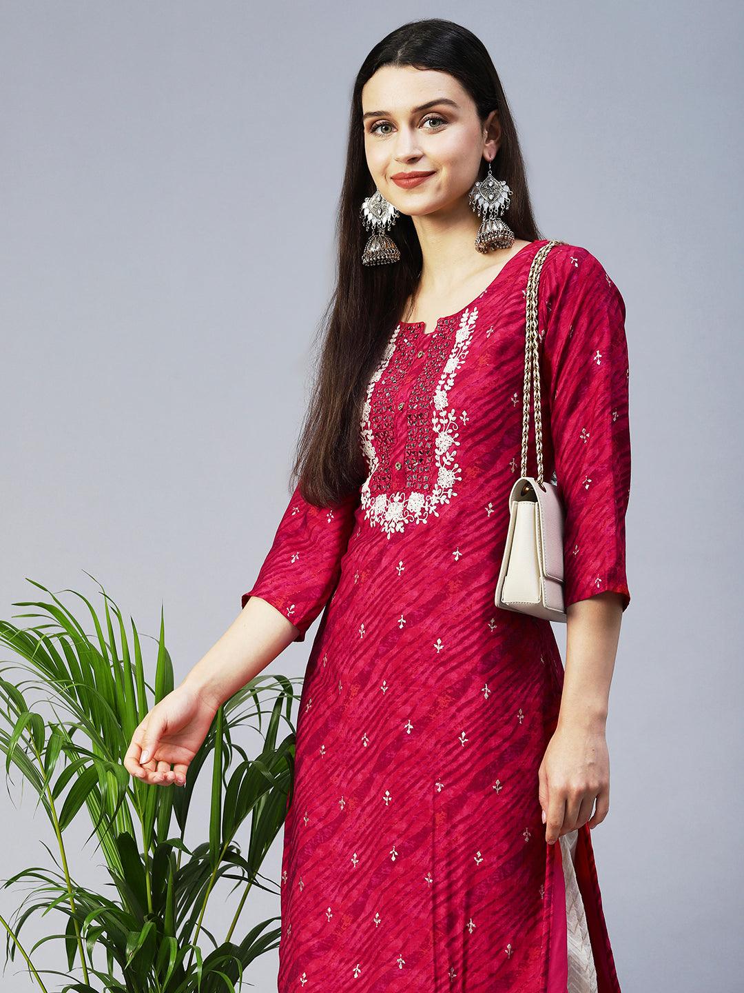 Leheriya Printed & Embroidered Straight Fit Kurta - Magenta Pink - Indiakreations