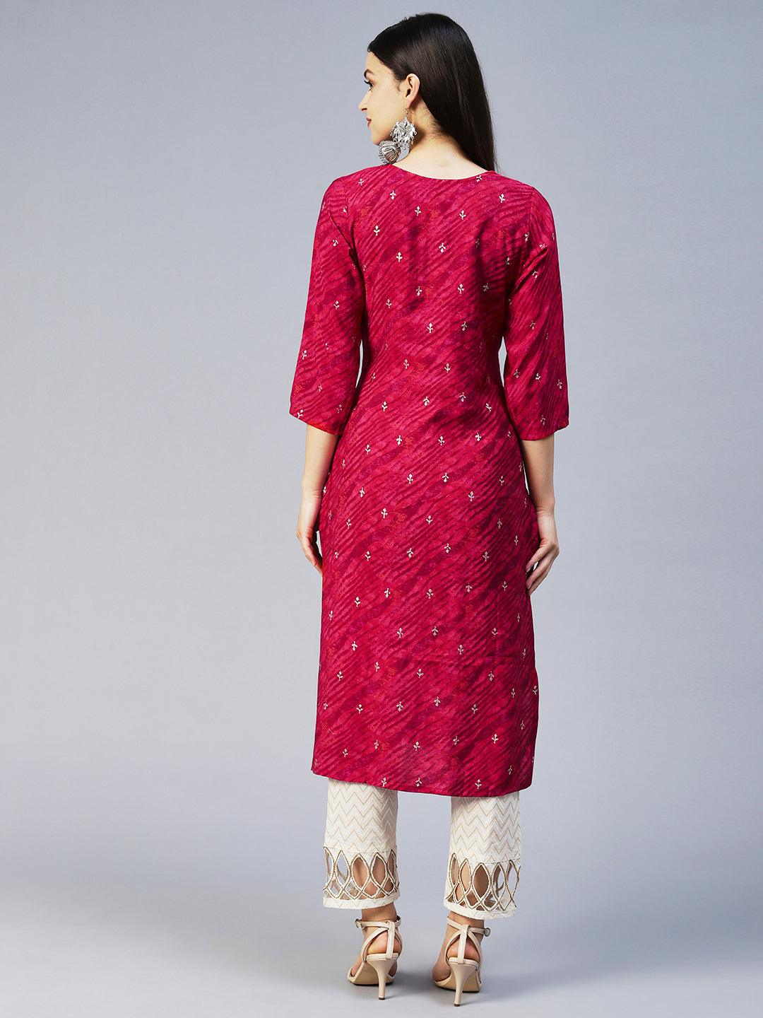 Leheriya Printed & Embroidered Straight Fit Kurta - Magenta Pink - Indiakreations