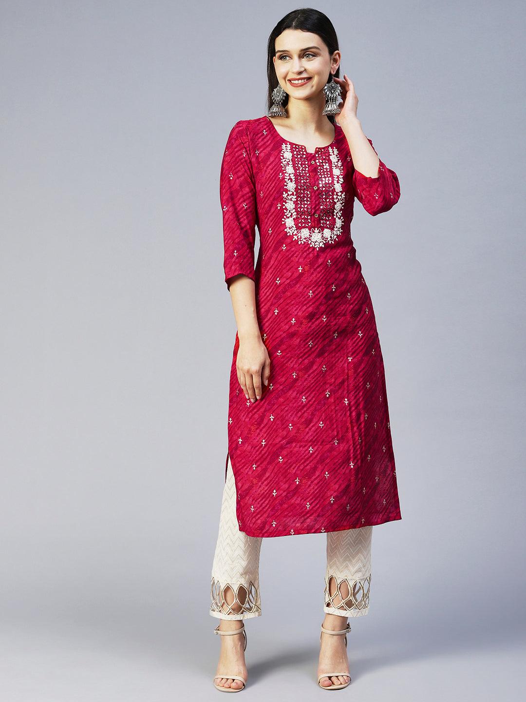 Leheriya Printed & Embroidered Straight Fit Kurta - Magenta Pink - Indiakreations