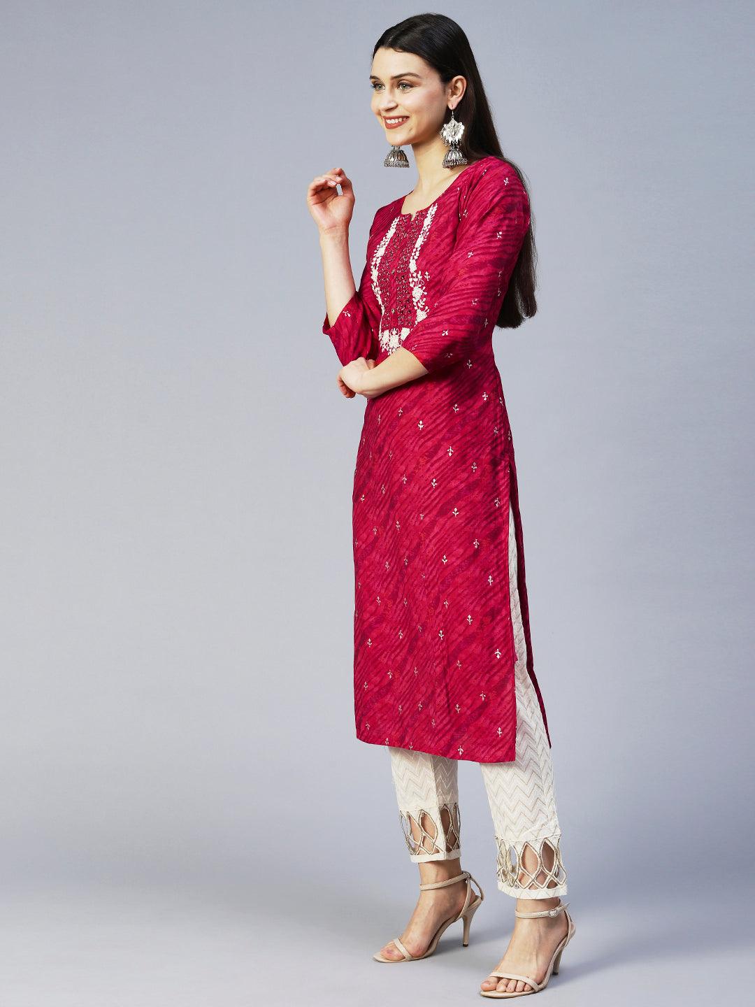 Leheriya Printed & Embroidered Straight Fit Kurta - Magenta Pink - Indiakreations