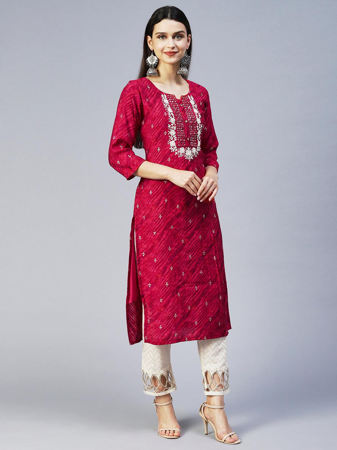 Leheriya Printed & Embroidered Straight Fit Kurta - Magenta Pink - Indiakreations