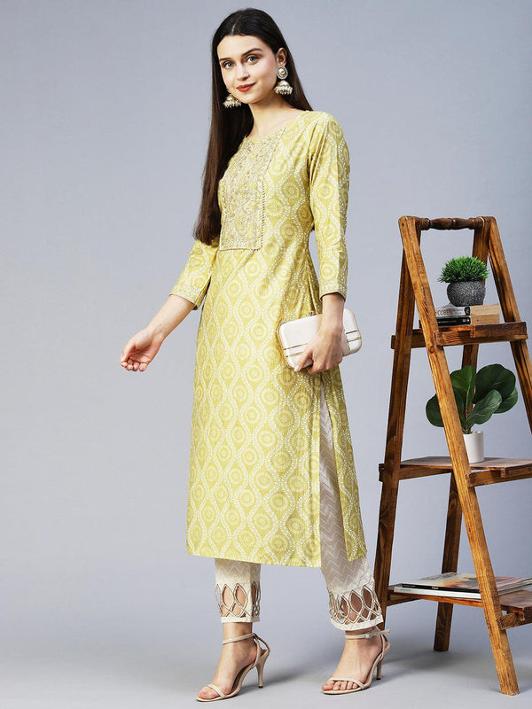 Ethnic Printed & Embroidered Straight Fit Kurta - Pear Green - Indiakreations