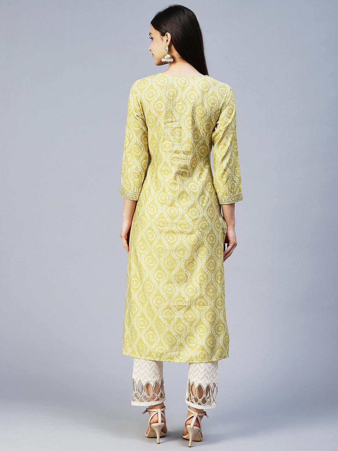 Ethnic Printed & Embroidered Straight Fit Kurta - Pear Green - Indiakreations