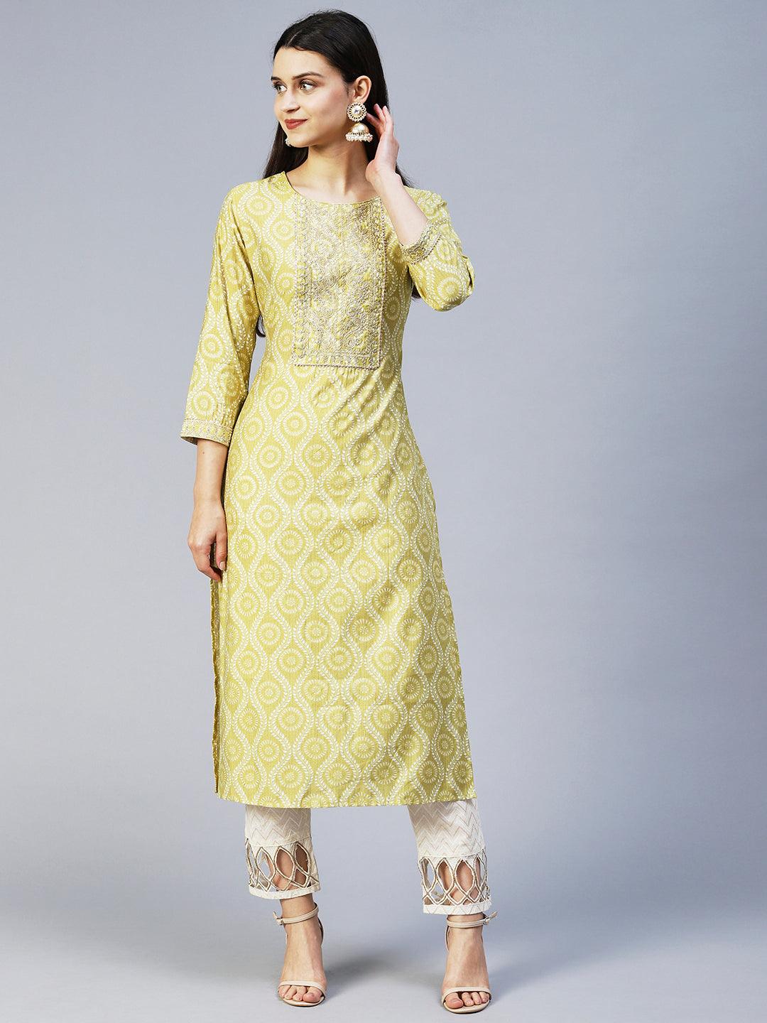 Ethnic Printed & Embroidered Straight Fit Kurta - Pear Green - Indiakreations