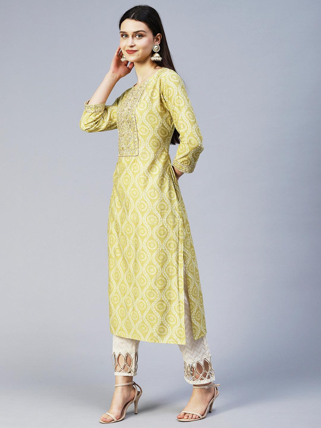 Ethnic Printed & Embroidered Straight Fit Kurta - Pear Green - Indiakreations