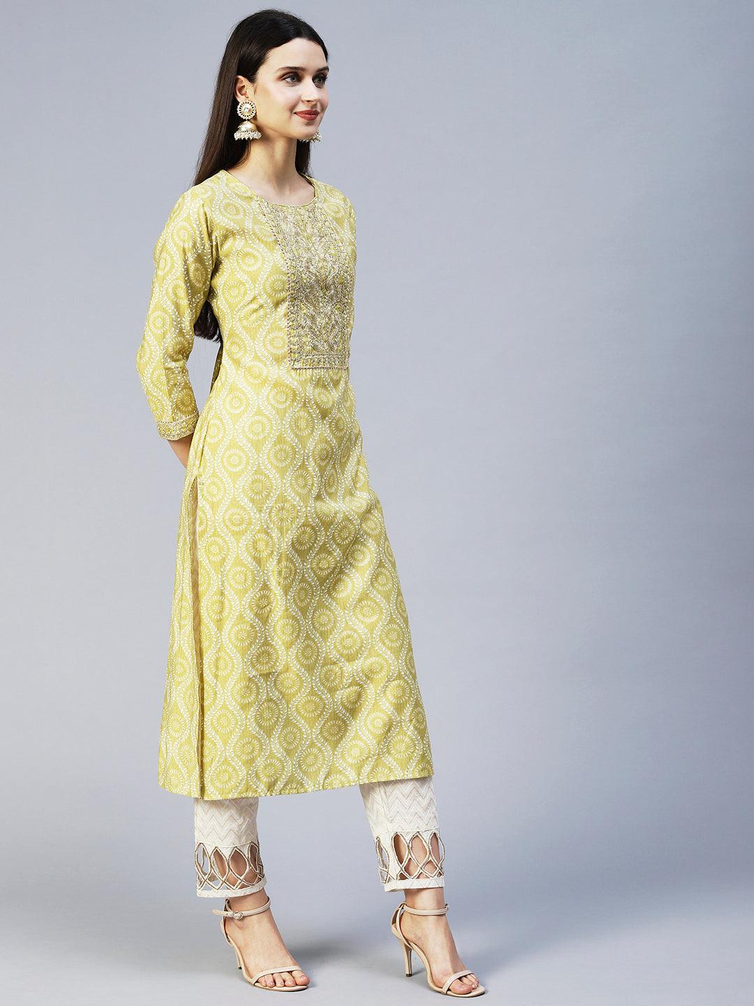 Ethnic Printed & Embroidered Straight Fit Kurta - Pear Green - Indiakreations