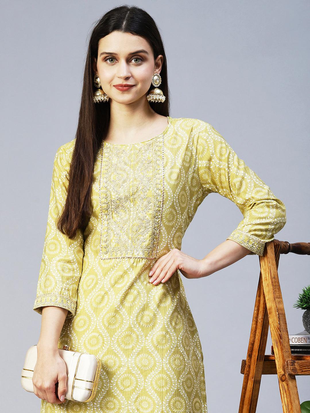 Ethnic Printed & Embroidered Straight Fit Kurta - Pear Green - Indiakreations