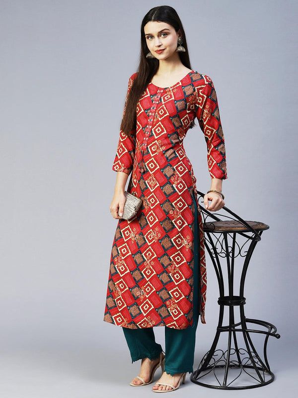 Ethnic Printed & Embroidered Straight Fit Kurta – Red - Indiakreations