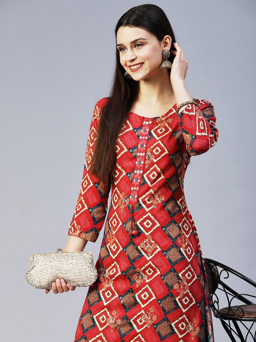 Ethnic Printed & Embroidered Straight Fit Kurta – Red - Indiakreations