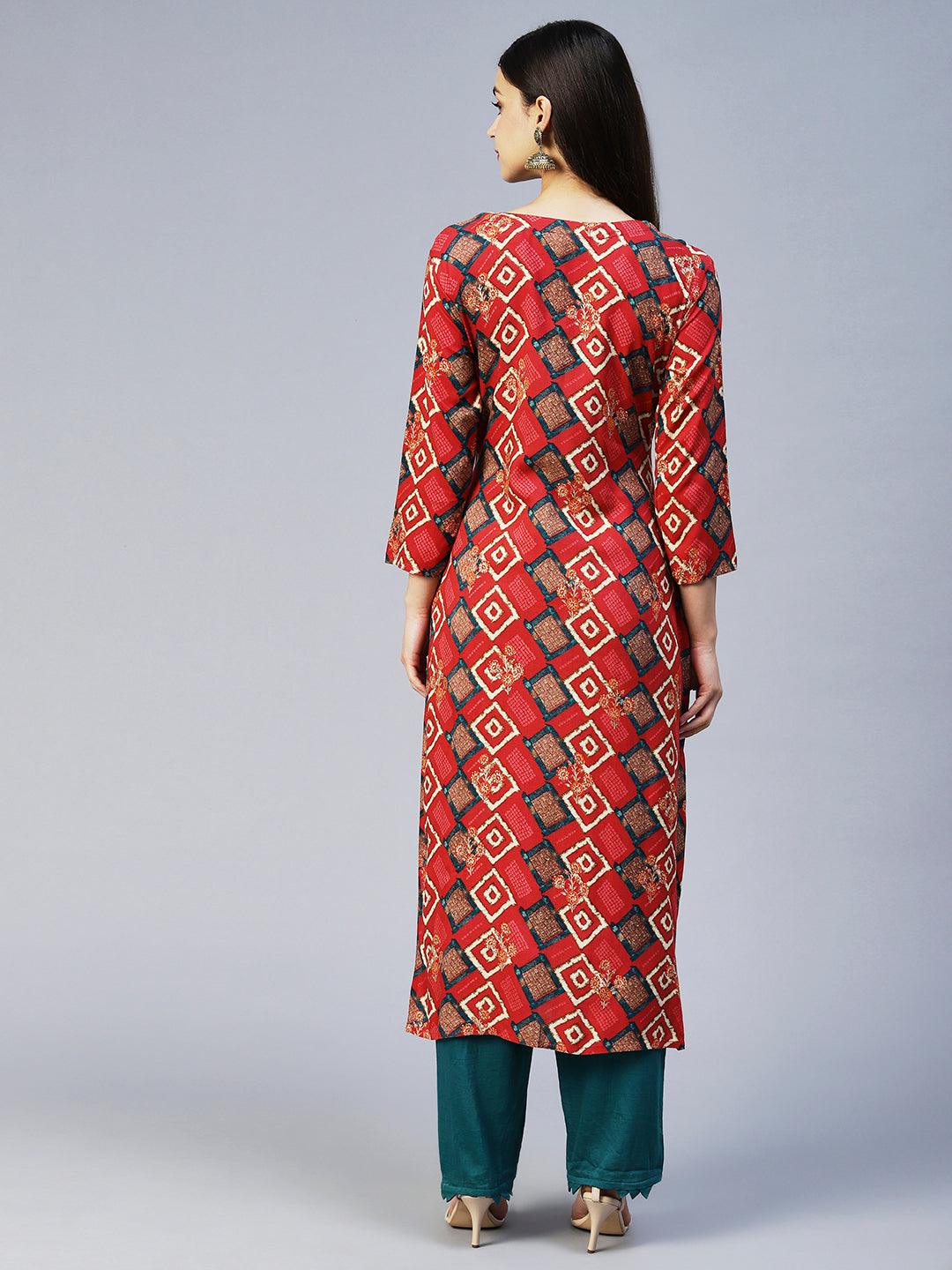 Ethnic Printed & Embroidered Straight Fit Kurta – Red - Indiakreations