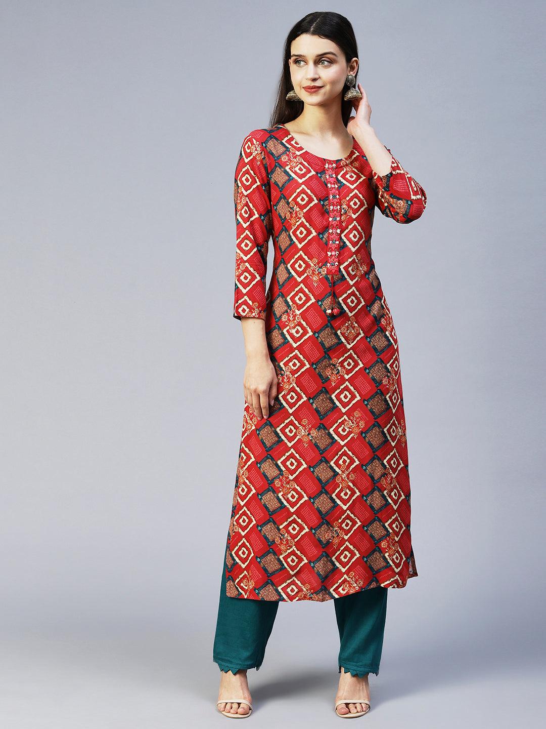 Ethnic Printed & Embroidered Straight Fit Kurta – Red - Indiakreations