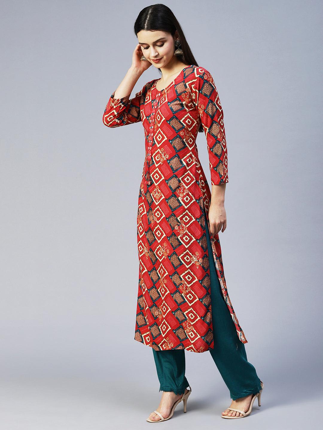 Ethnic Printed & Embroidered Straight Fit Kurta – Red - Indiakreations