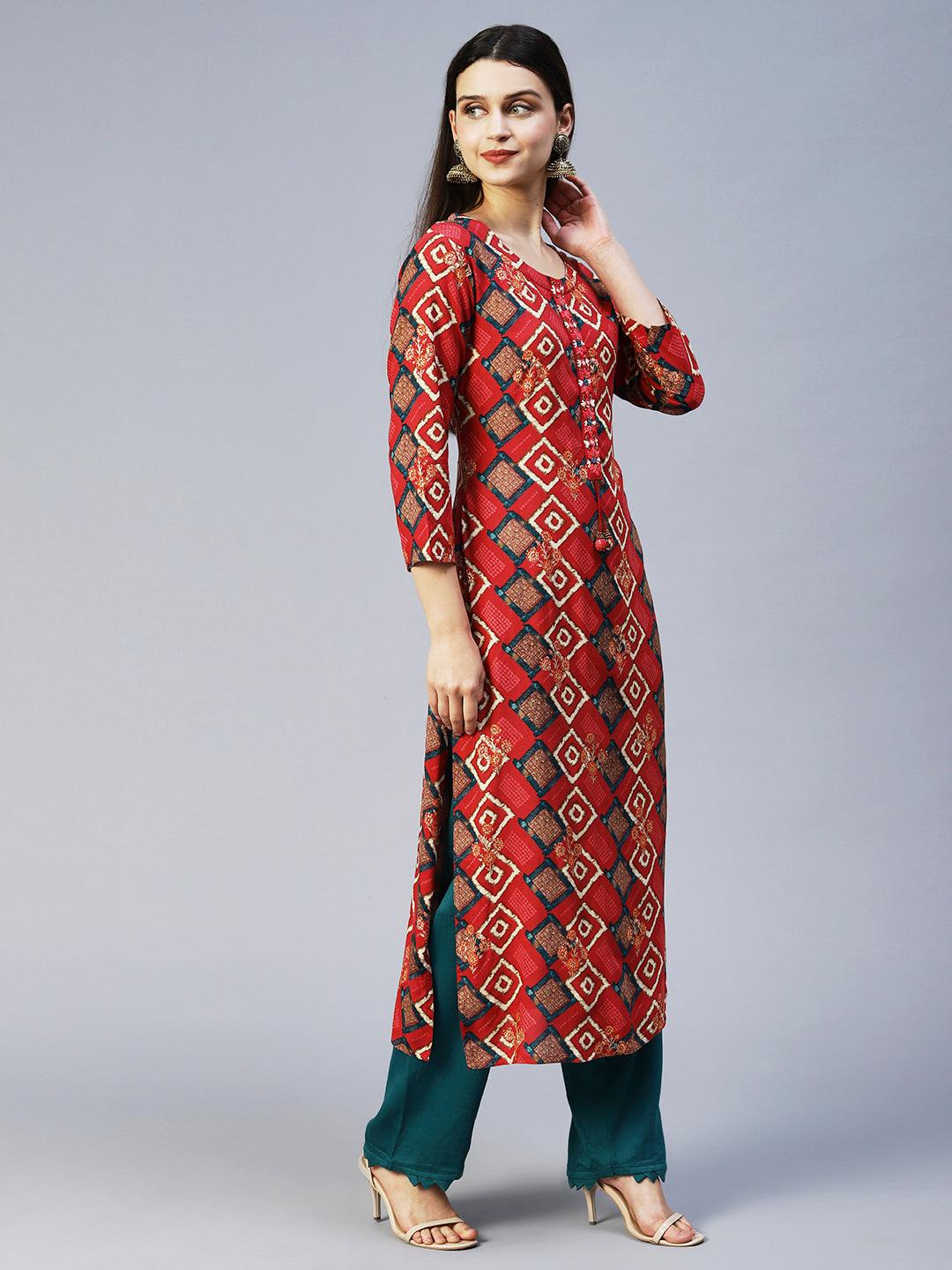 Ethnic Printed & Embroidered Straight Fit Kurta – Red - Indiakreations