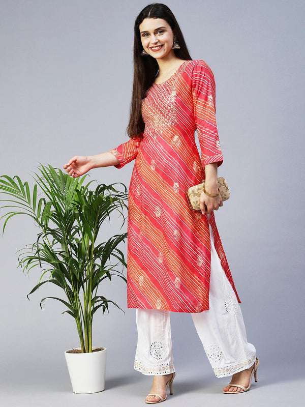 Leheriya Printed & Embroidered Straight Fit Kurta – Pink - Indiakreations