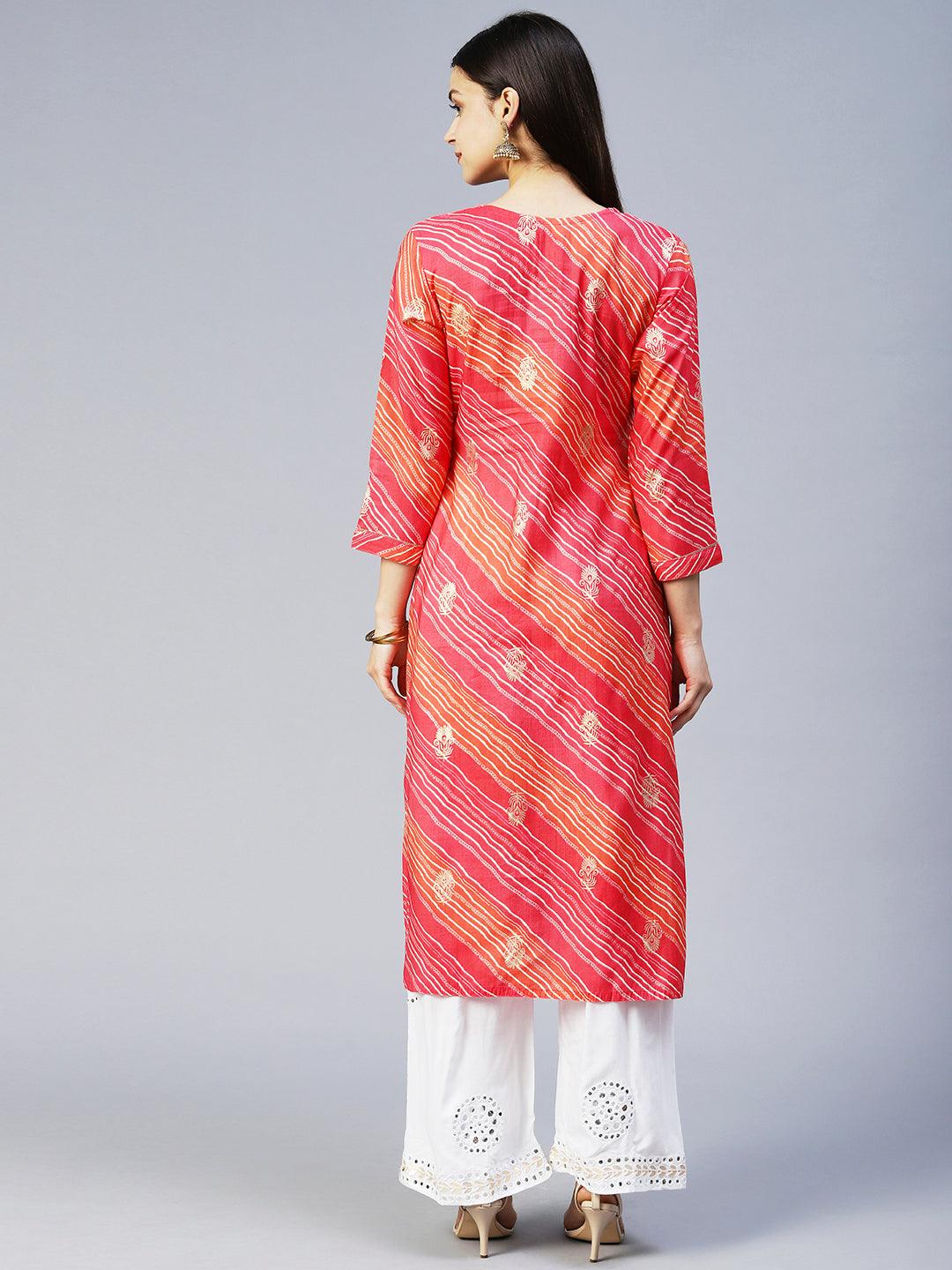 Leheriya Printed & Embroidered Straight Fit Kurta – Pink - Indiakreations