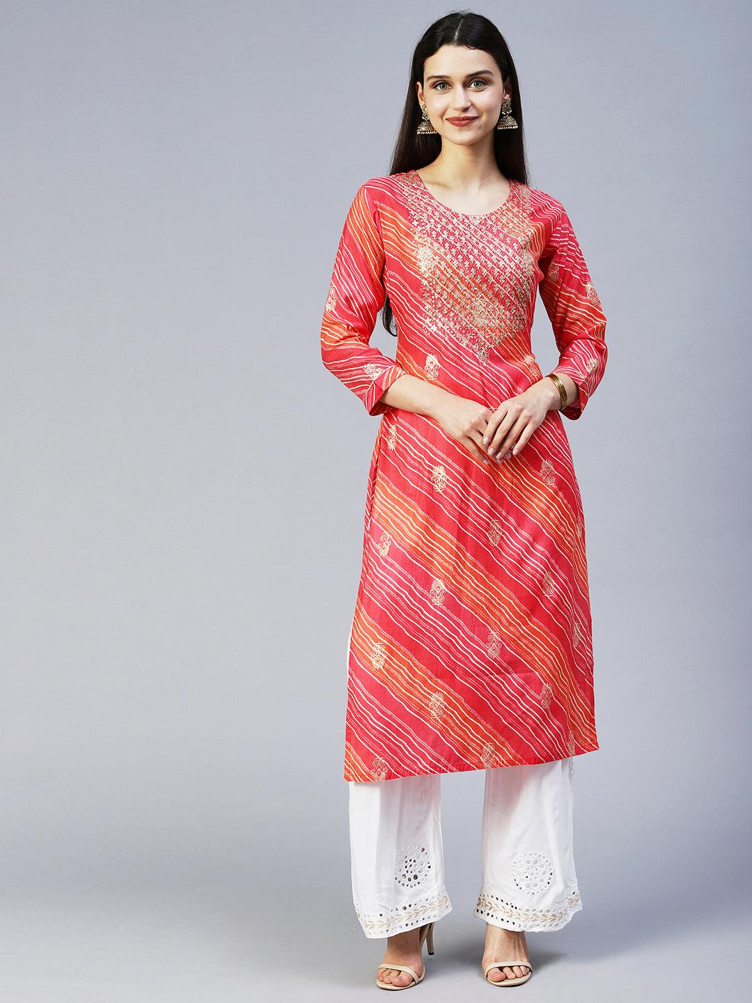 Leheriya Printed & Embroidered Straight Fit Kurta – Pink - Indiakreations