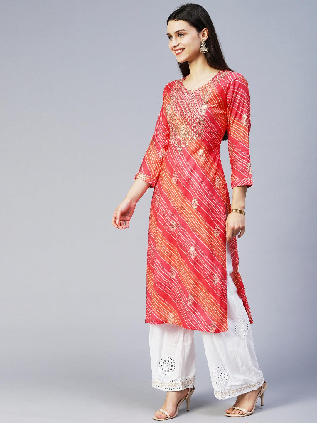 Leheriya Printed & Embroidered Straight Fit Kurta – Pink - Indiakreations