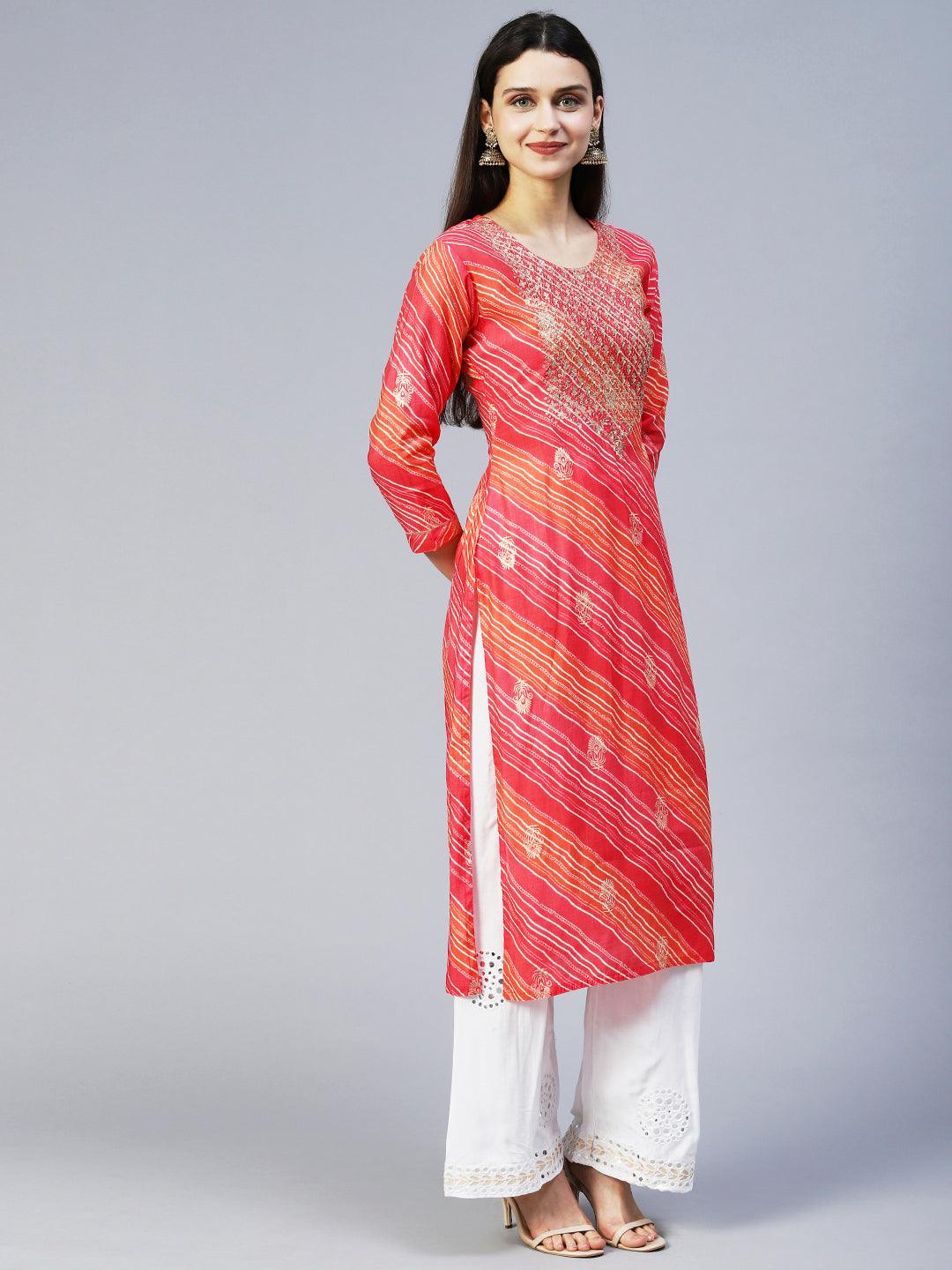 Leheriya Printed & Embroidered Straight Fit Kurta – Pink - Indiakreations