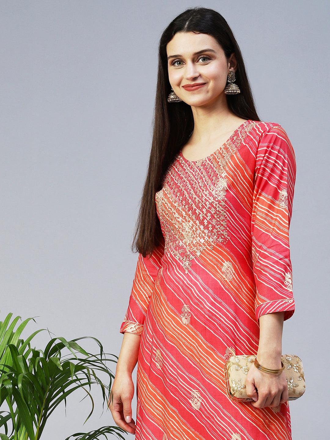 Leheriya Printed & Embroidered Straight Fit Kurta – Pink - Indiakreations