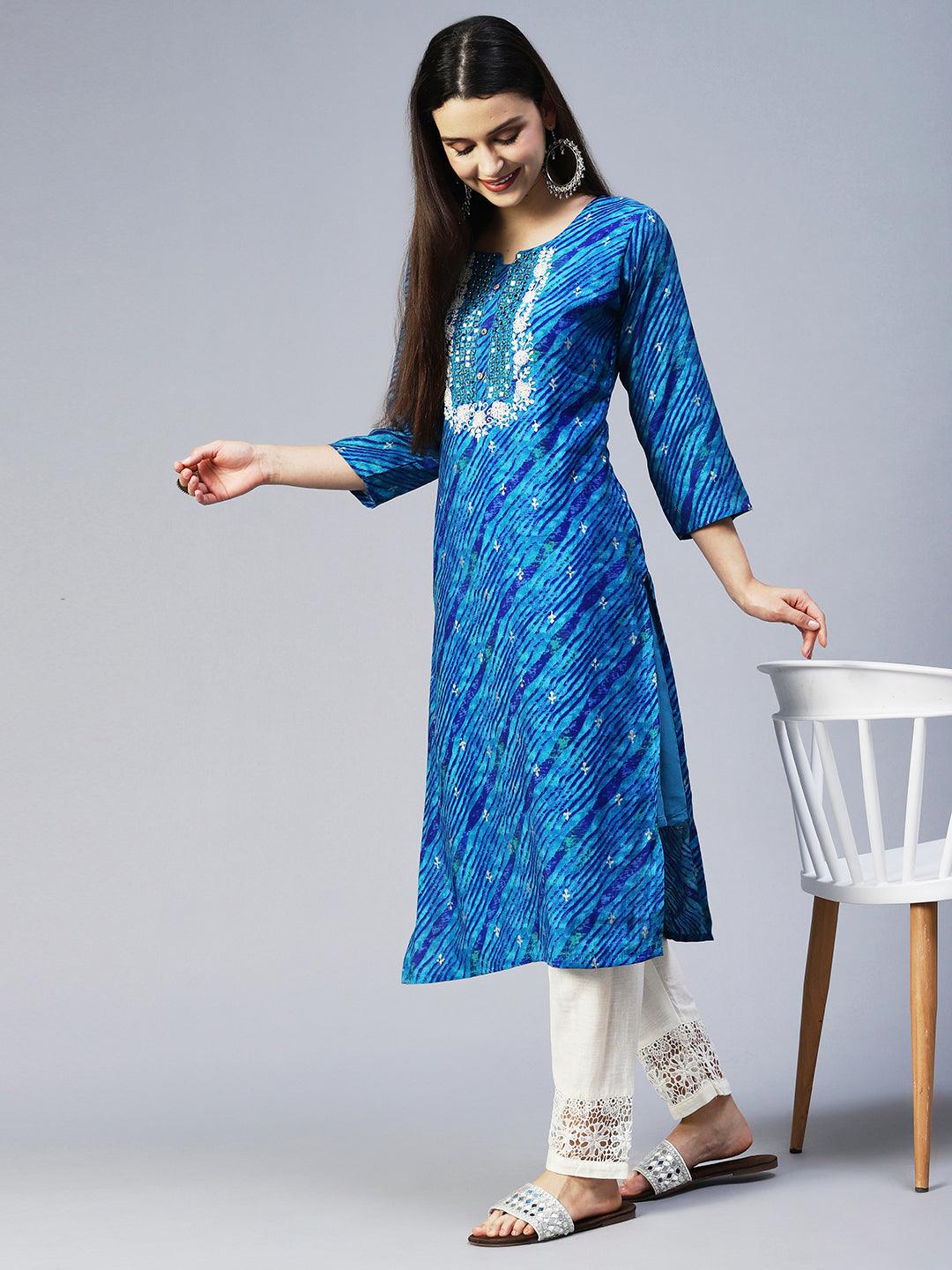 Leheriya Printed & Embroidered Straight Fit Kurta - Blue - Indiakreations