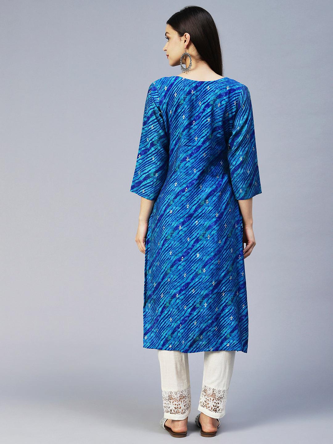 Leheriya Printed & Embroidered Straight Fit Kurta - Blue - Indiakreations