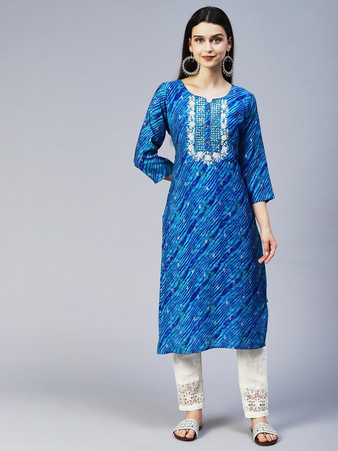 Leheriya Printed & Embroidered Straight Fit Kurta - Blue - Indiakreations