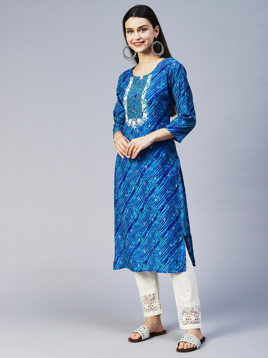 Leheriya Printed & Embroidered Straight Fit Kurta - Blue - Indiakreations