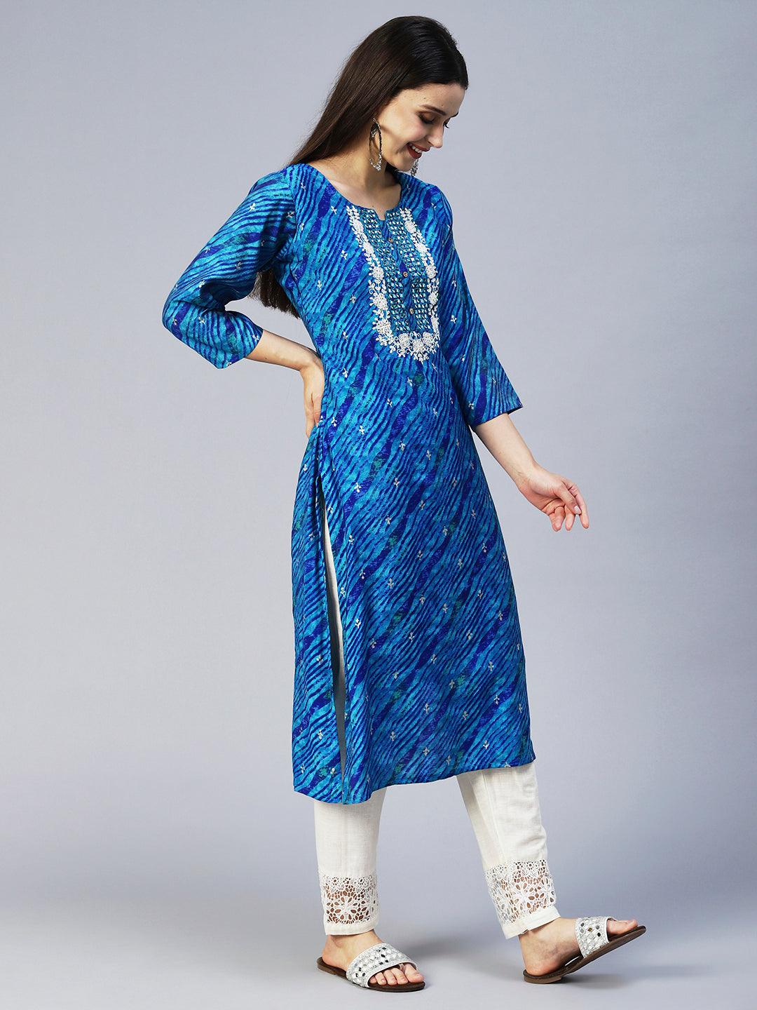 Leheriya Printed & Embroidered Straight Fit Kurta - Blue - Indiakreations