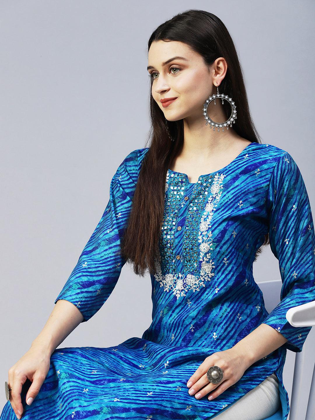 Leheriya Printed & Embroidered Straight Fit Kurta - Blue - Indiakreations