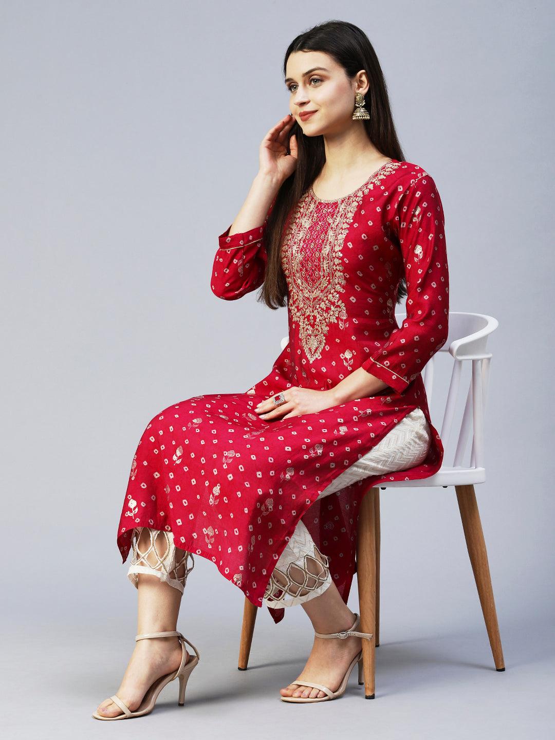 Bandhani Printed & Embroidered Straight Fit Kurta – Magenta - Indiakreations