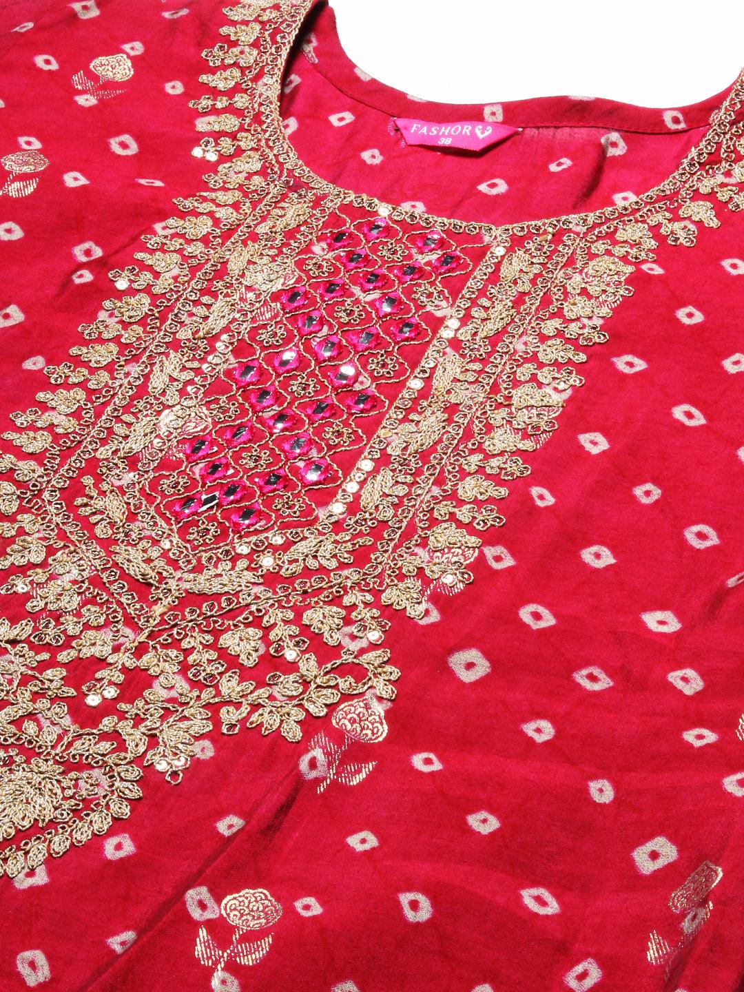 Bandhani Printed & Embroidered Straight Fit Kurta – Magenta - Indiakreations