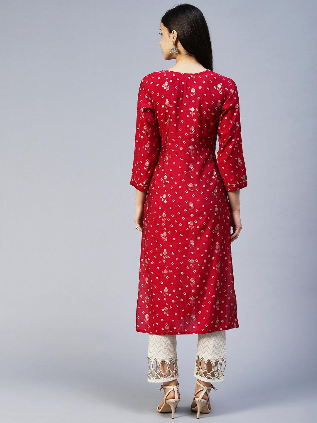 Bandhani Printed & Embroidered Straight Fit Kurta – Magenta - Indiakreations