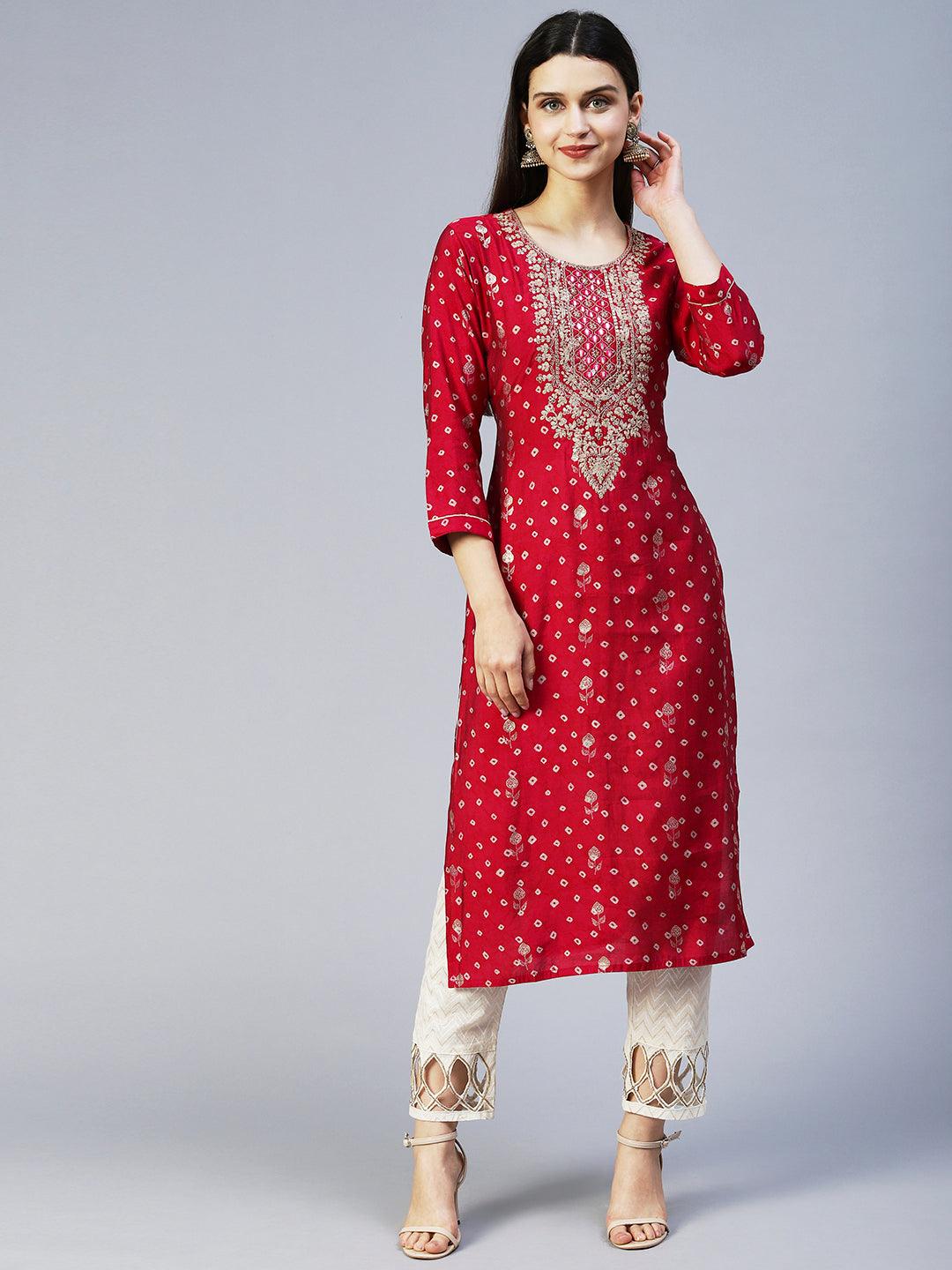 Bandhani Printed & Embroidered Straight Fit Kurta – Magenta - Indiakreations