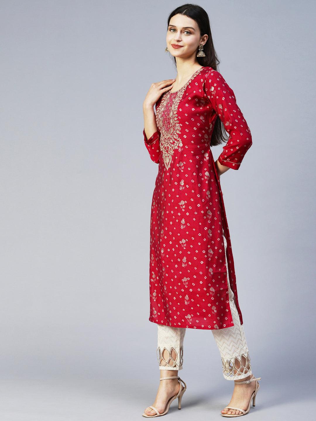 Bandhani Printed & Embroidered Straight Fit Kurta – Magenta - Indiakreations