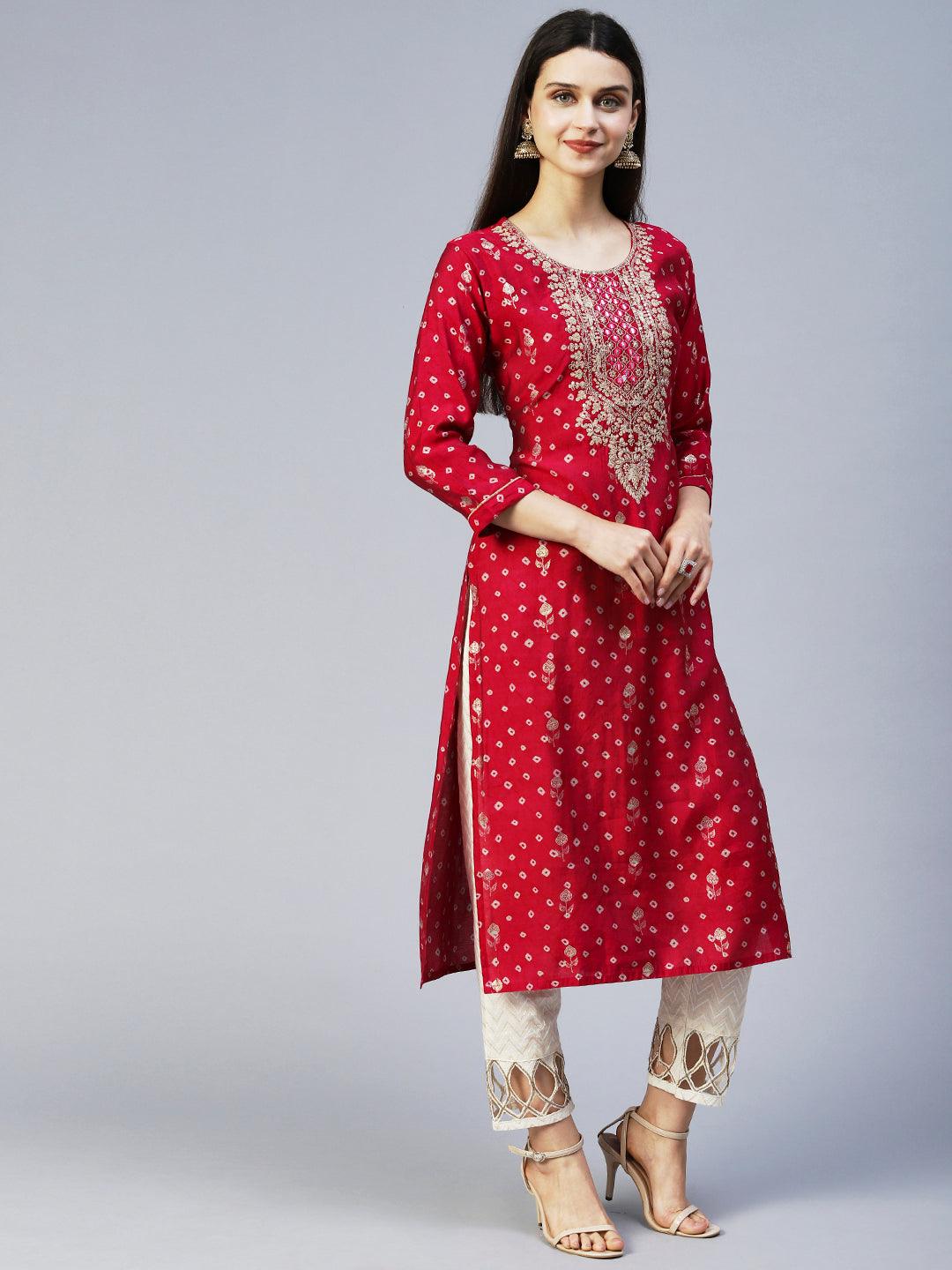 Bandhani Printed & Embroidered Straight Fit Kurta – Magenta - Indiakreations