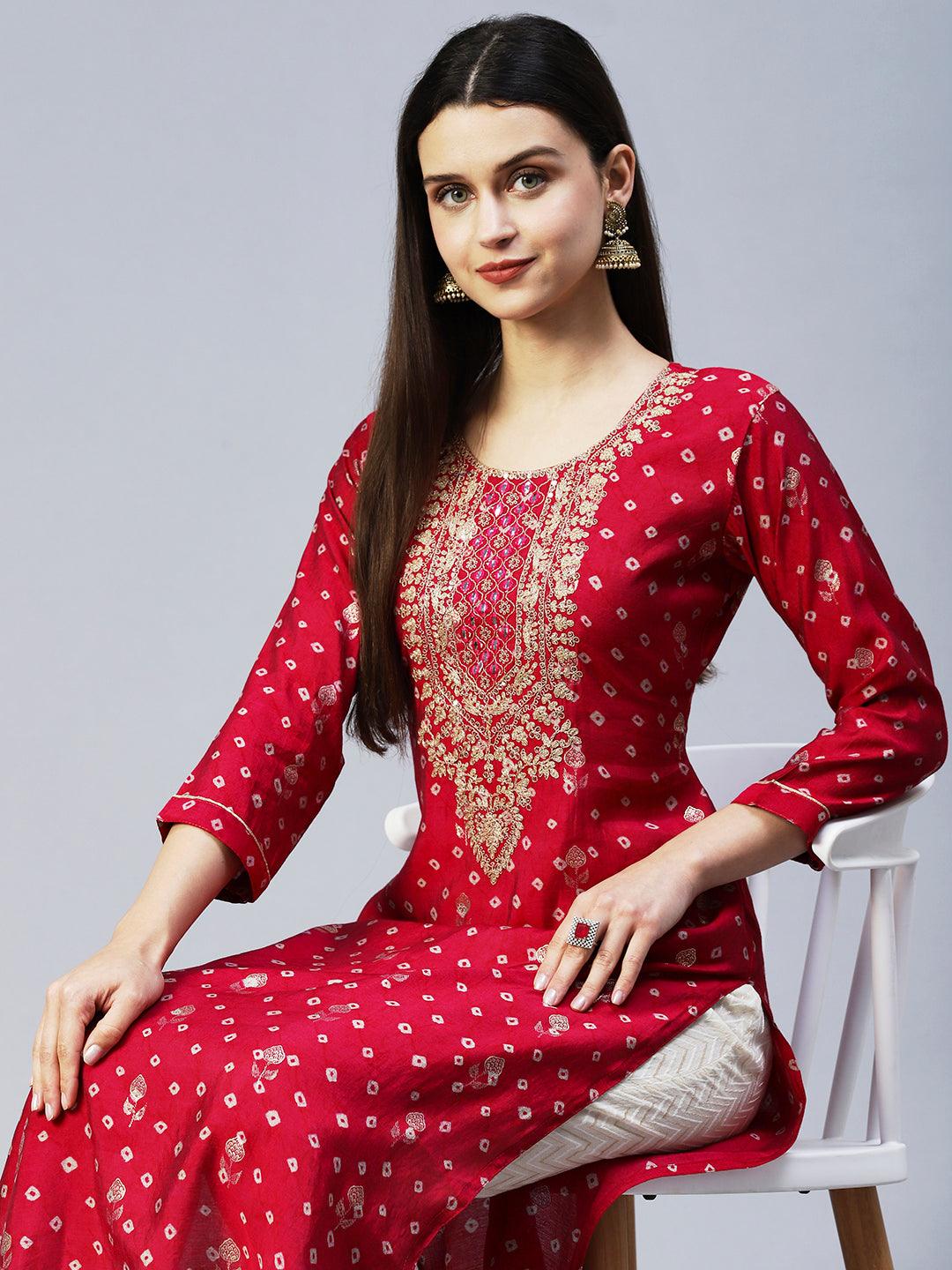 Bandhani Printed & Embroidered Straight Fit Kurta – Magenta - Indiakreations