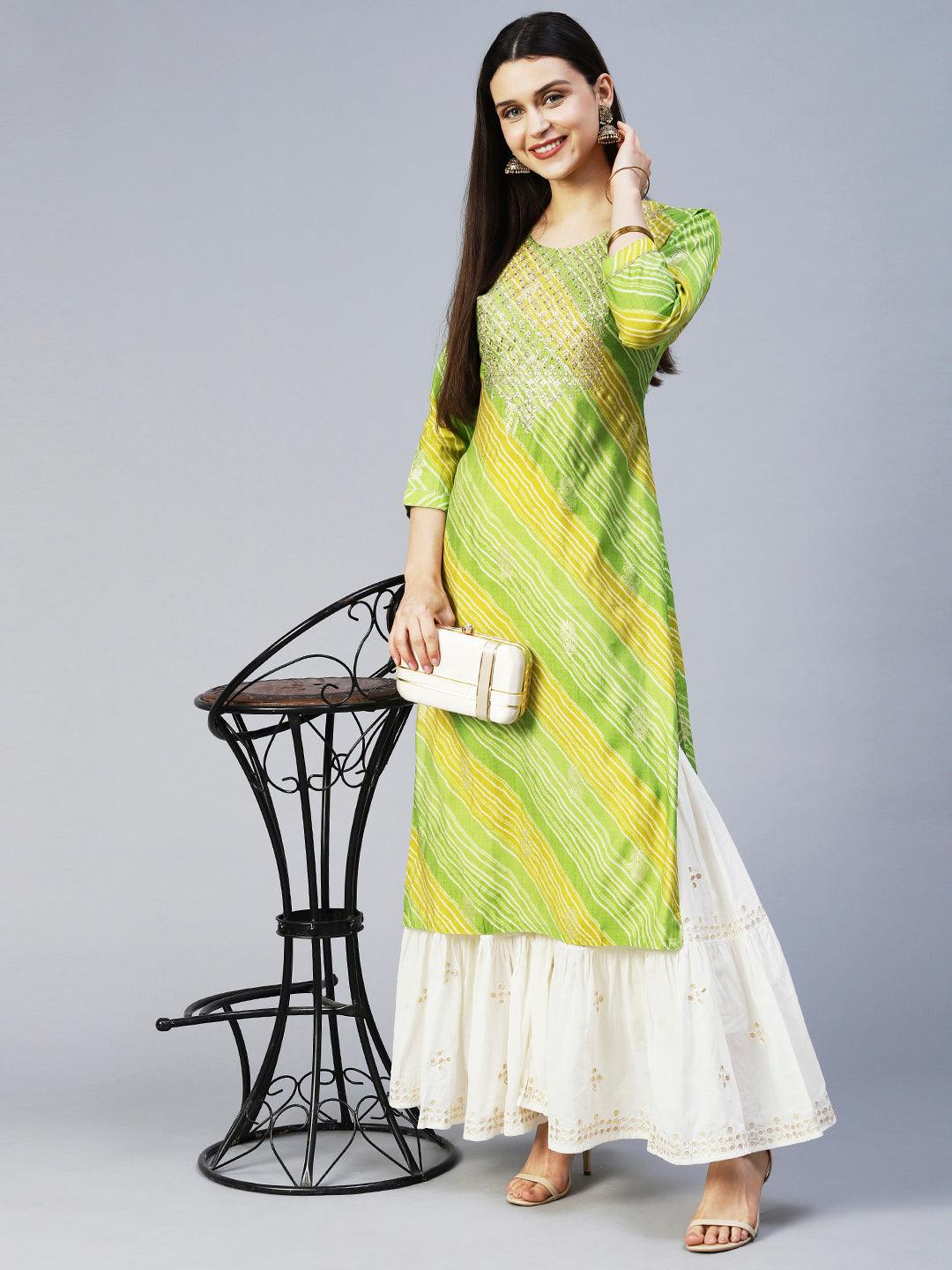 Leheriya Printed & Embroidered Straight Fit Kurta – Light Green - Indiakreations